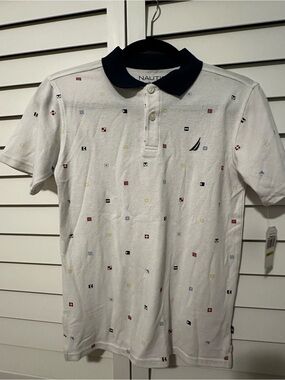 Nautica Bright White Shirt with Red & Blue Square design